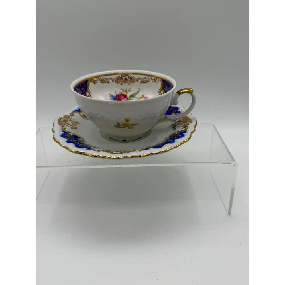 Winterling Bavaria Teacup Saucer Set Blue Gold Floral VTG Porcelain Excellent